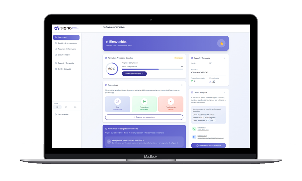 Dashboard del software Signo para protección de datos